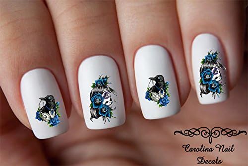 Sugar Skull Crow & Blue Roses Nail Art Decals