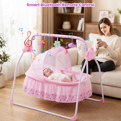Jorunb Electric Baby Swing for Infants,Smart Electric Cradle,Foldable Portable Electric Toddler Rocker,5 Speeds,Bluetooth Support,With Remote Control,Mosquito Net(Red)
