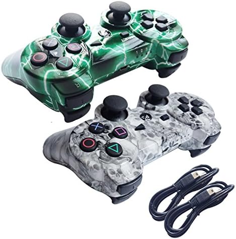 Tevodo 2 Packs Wireless Bluetooth Controllers For PS3 Double Shock - Bundled with USB charge cord (Green lightning and White skull)