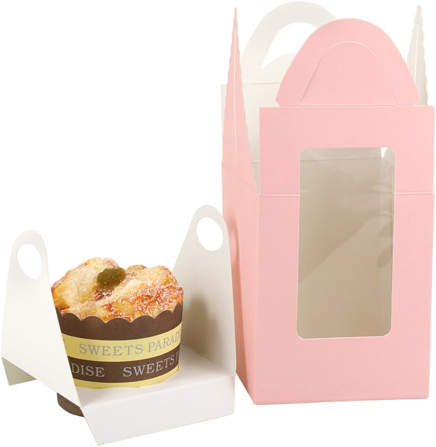 Villavivi 30 Dessert Cake Carton Cupcake Boxes with Inserts Window Handle Individual Cardboard Cupcake Box for Party Birthdays