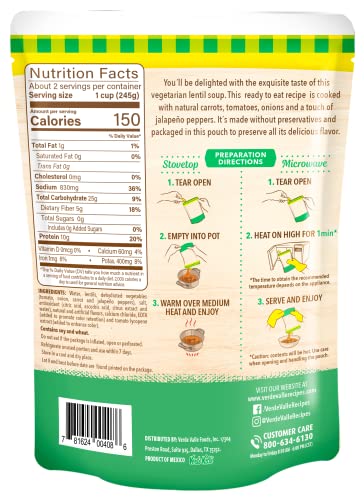 VERDE VALLE VEGETARIAN LENTIL SOUP FRESH READY TO EAT 15.2 OZ (PACK OF 1), AUTHENTIC MEXICAN PREPARED MEAL, SOPA DE LENTEJAS, PROTEIN, FIBER, CARROTS, TOMATOES, ONIONS, JALAPENO PEPPERS
