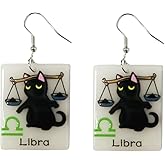 12 Zodiac Sign Black Funny Cat Earrings for Women Glowing In The Dark Kawaii Kitty Dangle Earrings Constellation Acrylic Cute Anime Cat Animal Lover Jewelry Astrology Charms Birthday Gifts