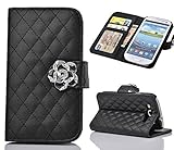 S3 Case,Galaxy S3 Case, Welity Black Color Camellia Soft Leather Grid Crystal Pu Leather Wallet Case for Samsung Galaxy S3 i9300 and one gift