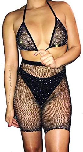 Women's Sexy Mesh Sheer See Through Sequins 2 Pieces Fishnet Bra+Short Pants Lingerie Swimsuit