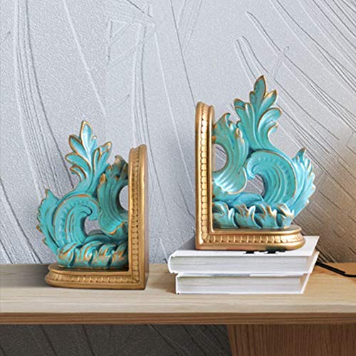 MAGO Abstract Bookends Hand-Carved Traditional Resin Bookends for Shelf Home Office Library Decoration, 1 Pair,Gold/Blue (Color : Blue)