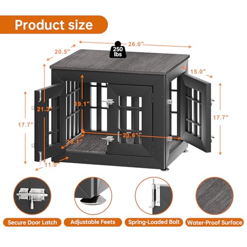 26" Heavy Duty Dog Crate Furniture for Small,Medium and Large Dogs,Rustic Wooden Dog Cage Kennel Indoor Furniture with Waterproof Top,Decorative Pet House Side End Table (Black & Grey)