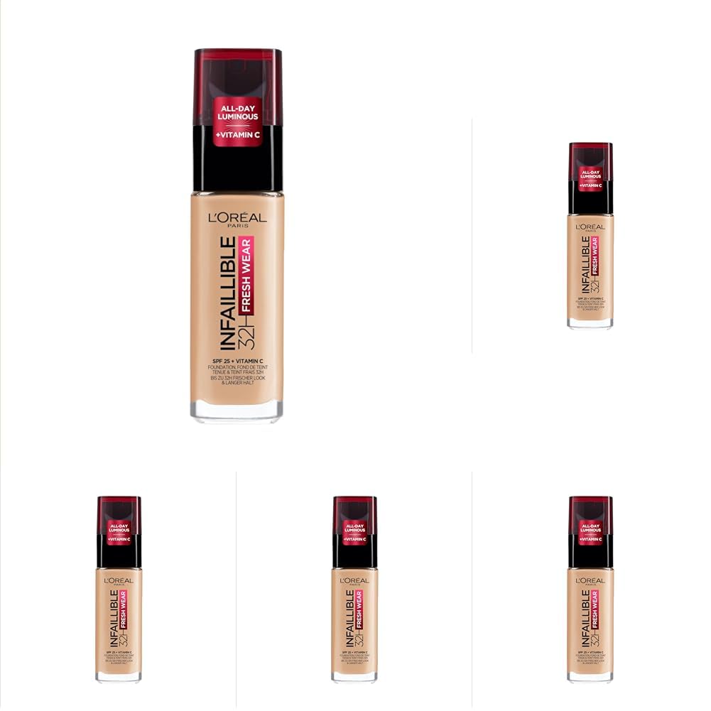 L'Oréal Paris Liquid Foundation, Full Coverage, Lasting Wear, With Vitamin C and SPF 25, Infallible 32H Fresh Wear, 120 Vanilla (Pack of 5)