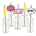 BAM! Girl Superhero Paper Straw Decor - Baby Shower or Birthday Party Striped Decorative Straws - Set of 24
