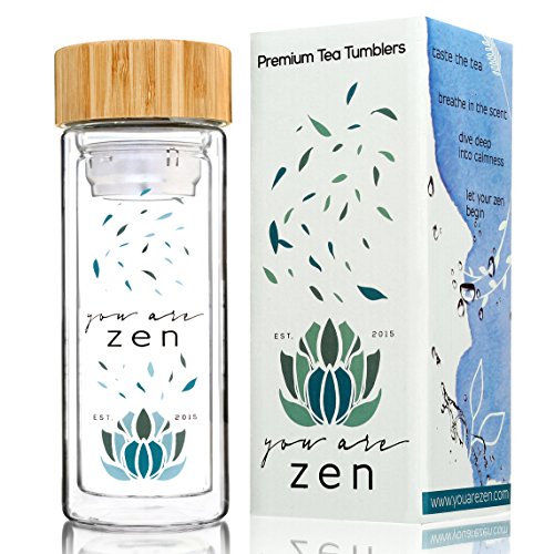 YOU ARE ZEN Eco Tea Tumbler, Travel Mug, Glass Water Bottle â€“ Stainless Steel Filter Infuser - Premium Quality - BPA-Free - Bamboo Lid - Travel size 12 oz - For Loose leaf Tea, Teatox, Fruit & Detox