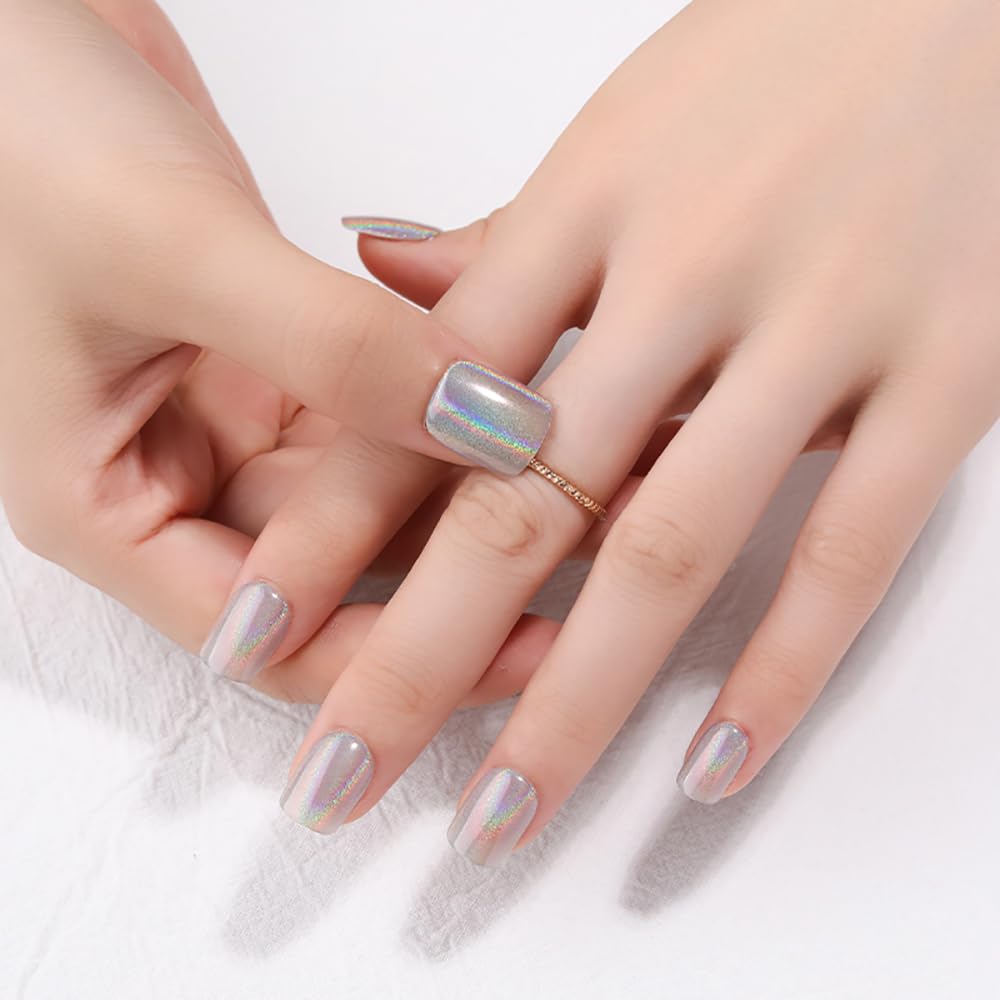 View 1 of *2 Pack* Silver Chrome Press On Nails, Short Holographic Glue On Nails for Women, Shiny Metallic Silver Fake Nails with Iridescent Glow, Press On Nails Short Square Shape, Color-Shifting Shine Effect, 24 Pcs
