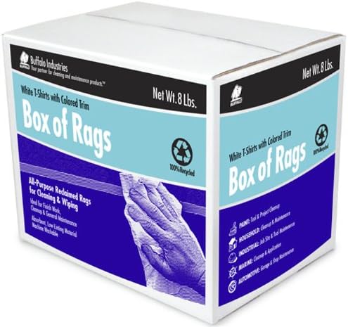Buffalo Industries 10266 Recycled White Cloth Tee Shirt Rags with Colored Trim in 8-Pound Box