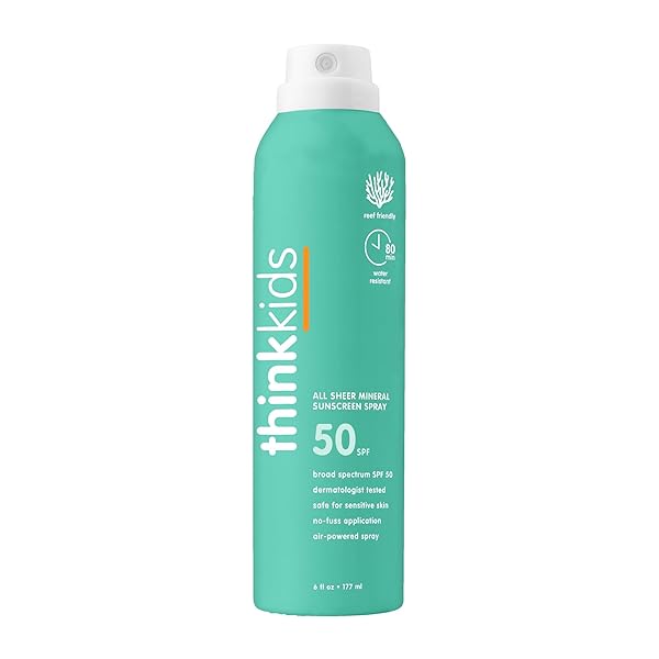 THINKSPORT KIDS SUNSCREEN SPRAY, SPF 50 ALL SHEER MINERAL SUNSCREEN, 6 FL OZ, WATER RESISTANT BABY & TODDLER, NATURAL ZINC OXIDE UVA/UVB PROTECTION