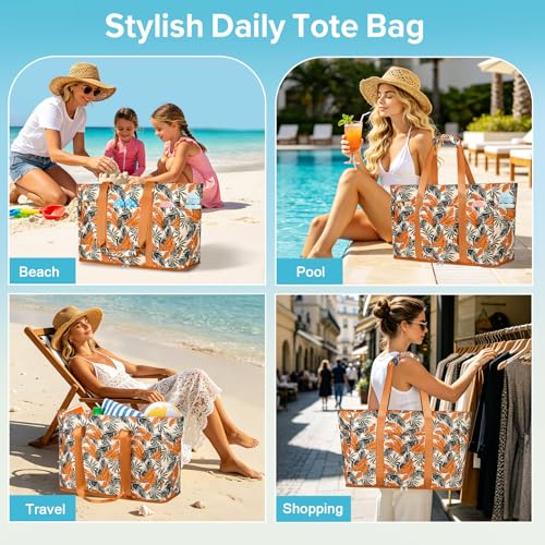 LUROON Large XXL Family Beach Bag with Zip, Waterproof, Women's Beach Bag, Foldable, Shopper, Beach Bag for Travel, Shopping, 50 x 35 x 20 cm, orange
