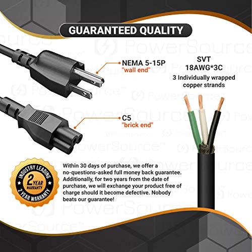 PowerSource 3 Prong AC-Laptop-Power-Cord 6 Foot Long Cable for Dell ; HP ; Asus ; Toshiba ; Lenovo ; Acer ; Samsung Notebook Computer Charger IEC-60320 IEC320 C5 to NEMA 5-15P
