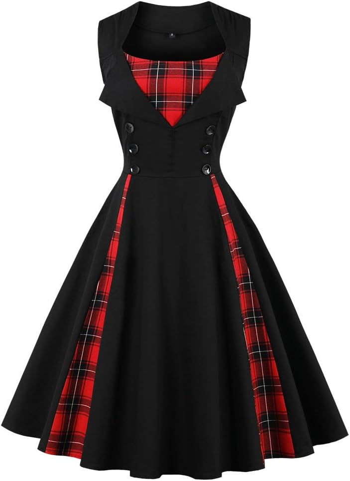 50s Retro Dresses, Women's 1950s Vintage A-Line Cotton Swing Dress for Rockabilly Evening Party Cocktail, Multicolor, S-Plus Size 4XL