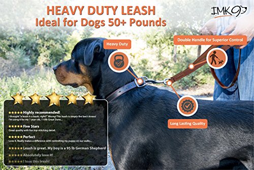 Leather Dog Leash – 6 ft Big Dog Training Leash - Double Handle Best for Pulling Medium and Large Pets – 6 Foot Long Heavy Duty Leather Lead - IMK9 Brown