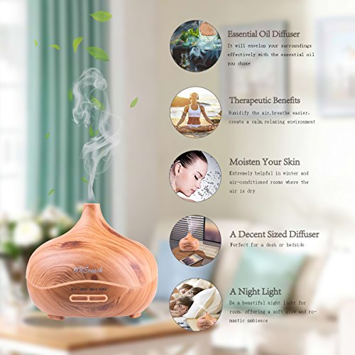 Essential Oil Diffuser ONEreah Cool Mist Humidifier Wood Grain Humidifier 300ML with 4 Timer Settings Waterless Auto Shut-off and 14 LED Color Changing for Office Home Bedroom Living Room Study Yoga