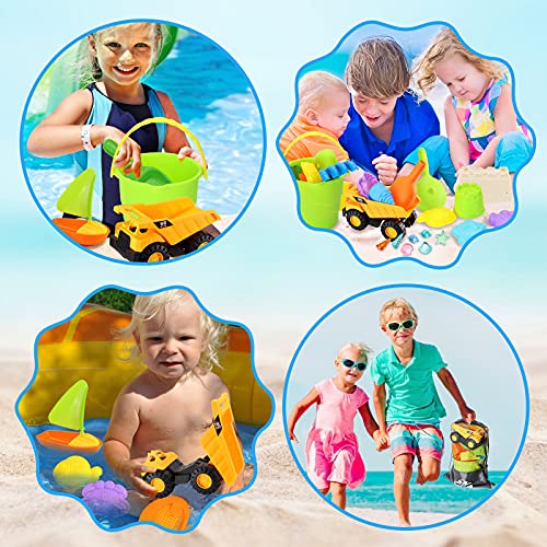 3 otters Beach Toy Set, 28 PCS Sand Toys for Toddlers Beach Truck Kids Beach Toys Bucket with Sifter, Shovel, Rake, Castle Sand Molds