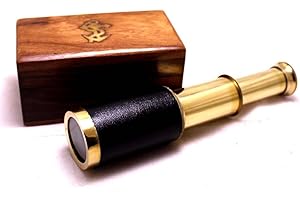 NAUTICALMART 6" Handheld Brass Telescope with Anchor Rosewood Box Rustic Vintage Beautiful- Pirate Navigation Glass Optics for Travellers Adventure Enthusiasts Collectible