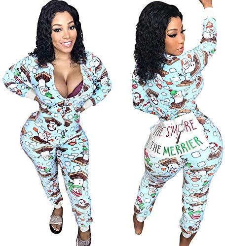 Fashion Women Long Sleeve Christmas Zipper Jumpsuit Onesie Pajamas Funny Letter on The Bottom Club Party (Blue, 2XL)