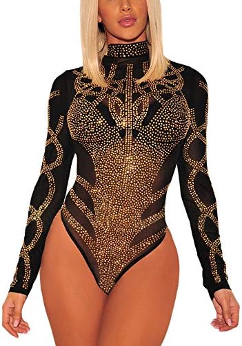 Uranus Women Rhinestone Mesh Bodysuit Long Sleeve Lingerie Sexy Leotard Top Jumpsuit
