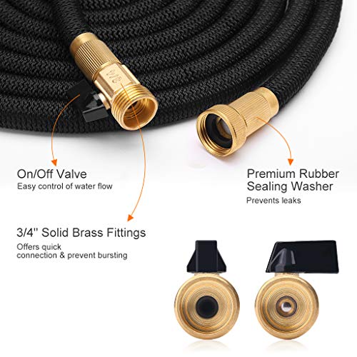 Finether Expandable Garden Hose, Retractible Watering Hose, Hose Pipe with Double Latex Core, High Density Woven Fabric, 3/4 in Brass Fittings, 8 Way Spray Nozzle, Hanger, Storage Bag, Black 50ft - Thumbnail 2