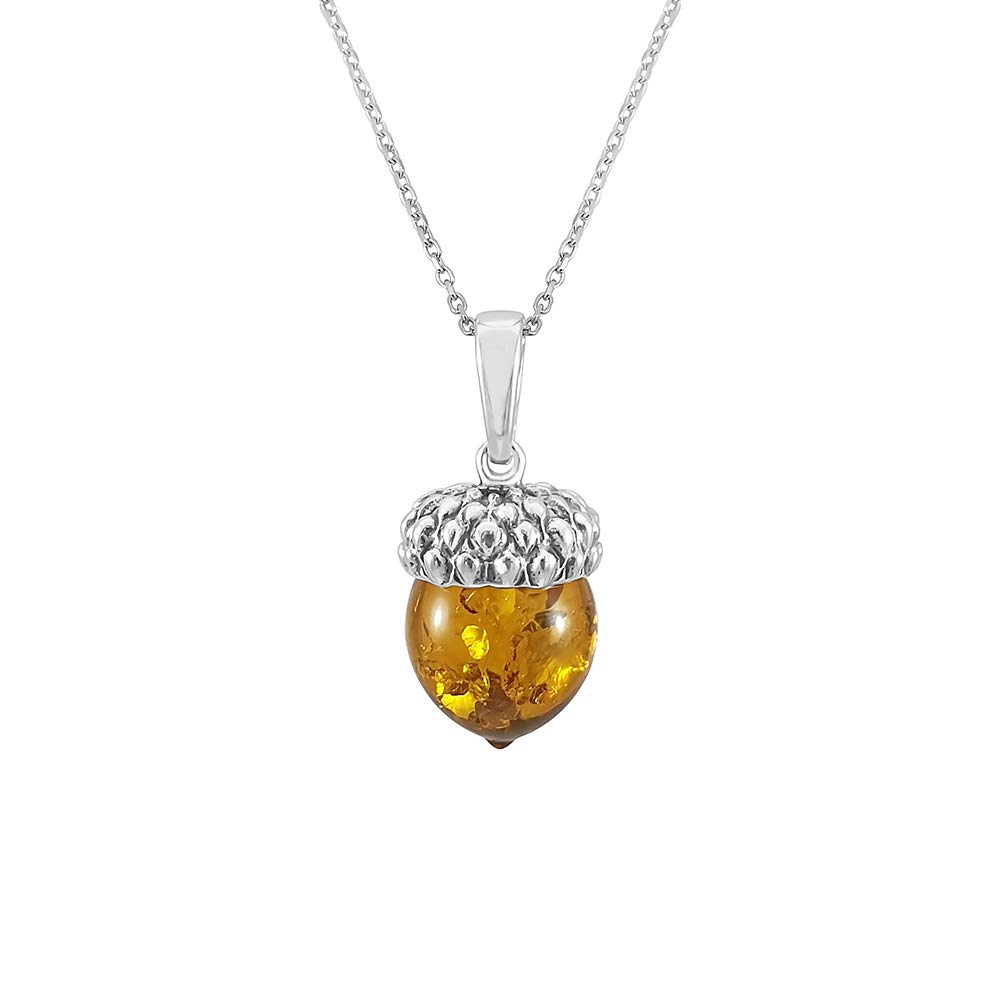 Kiara Jewellery 925 Sterling Silver Brown Amber Acorn Pendant Necklace on 18" Sterling Silver Trace Or Curb Chain.