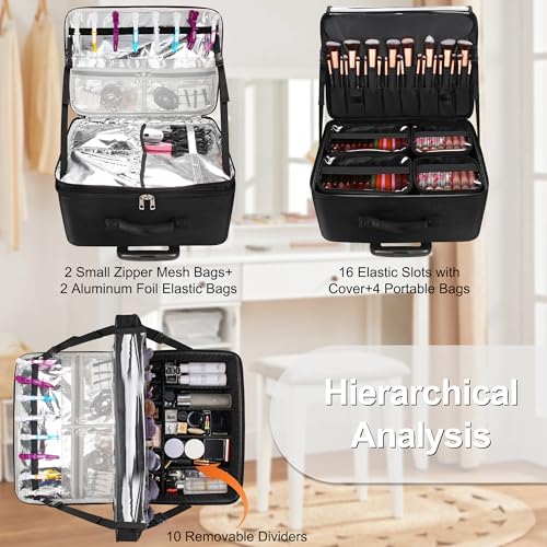 Relavel Makeup Case with 4 Removable 360 Degree Swivel Castors, Professional 3-Layer Organizer (Ideal for Makeup Artist and Hairdresser)