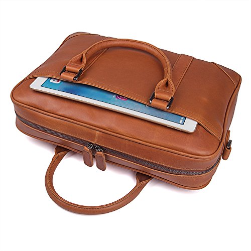 Texbo Genuine Top Cow Leather Business Briefcase Fit 15.6" Laptop Bag Tote (Yellow Brown)