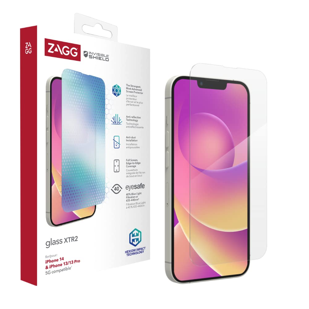 ZAGG InvisibleShield Glass XTR2 Screen Protector for iPhone 14/13/13 Pro (Not Compatible w/ 14 Pro), Shockproof, Anti-Microbial, Touch Sensitive, Glass-like, (Clear)