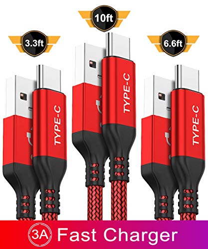 USB Type C Cable,AkoaDa 3-Pack (10ft+6.6ft+3.3ft) USB A to USB-C Fast Charger Nylon Braided Cord Compatible with Samsung Galaxy Note 9 8 S8 S9 S10 10 Plus,LG V50 V40 G8 G7 Thinq,Moto Z Z3,Switch(Red)