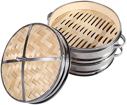 8" 2 Tiers Bamboo Steamer Dim Sum Basket Rice Pasta Cooker Set Food Steamers With Lid