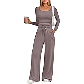 Trendy Queen 2 Piece Scoop Neck Lounge Set Womens Wide Leg Pants Side Ruching Slightly Crop Top Sweatsuit Sets With Pockets