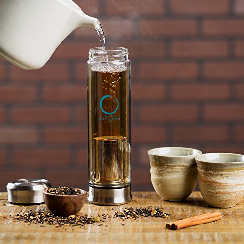 Pure Zen Tea Tumbler with Infuser - Double Wall Glass Travel Mug with Stainless Steel Filter - Leakproof Tea Infuser Bottle for Loose Leaf Infusions and Fruit Infused Water - Unique Gift Set - 13 oz