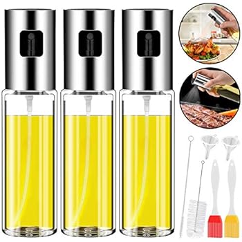 Oil Sprayer for Cooking, 3 PCS Olive Oil Sprayer Mister 3.4-Ounce Refillable Oil Vinegar Dispenser Stainless Steel Glass Bottle with Basting Brush Bottle Brush Oil Funnel for Kitchen BBQ Grilled Salad