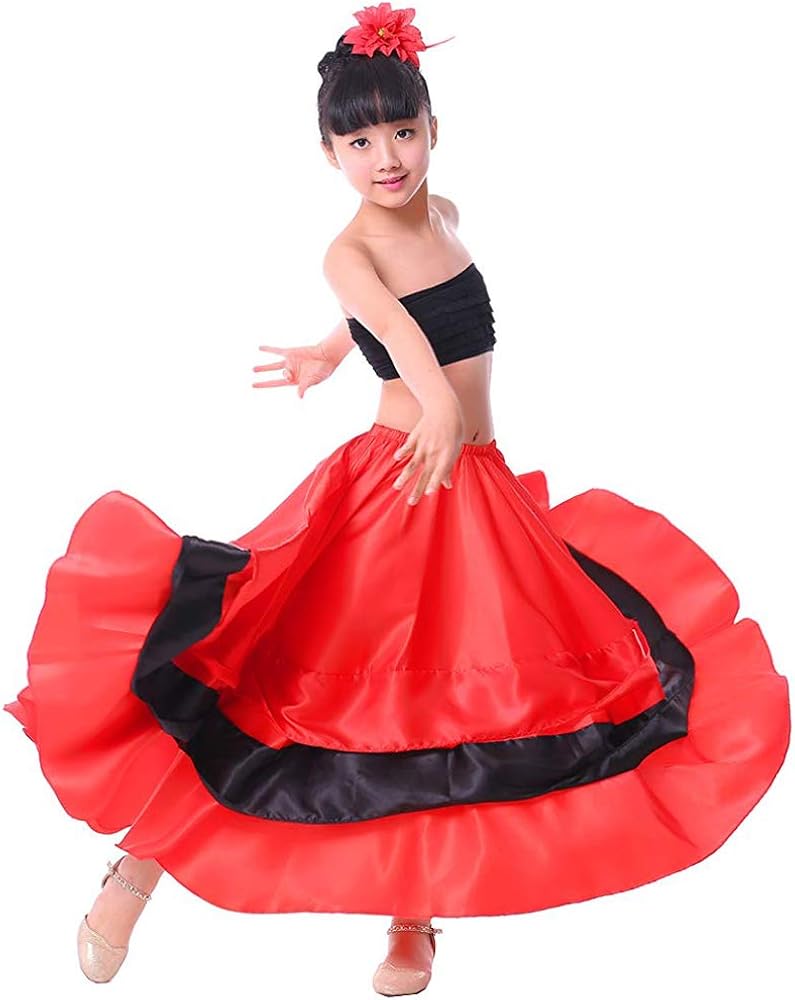 Girls Black Red Layers Satin Long Skirt for Spanish Flamenco Belly Dance Gypsy Folklorico Performance Halloween Costume: Clothing
