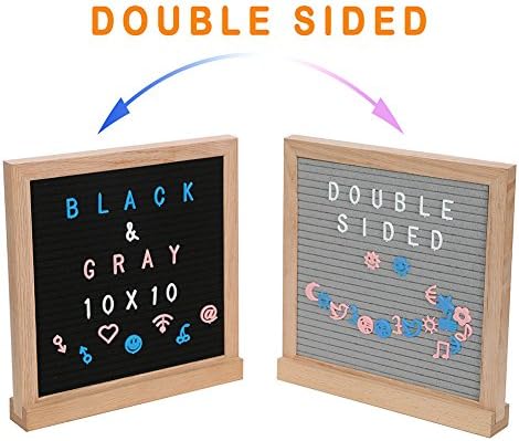 Felt Letter Board, 10x10 inch Black and Gray Double-Sided Felt Message Board with Stand, Oak Frame, 522 White/Blue/Pink Changeable Characters &amp; Emojis for Home Office Coffee Shop Hanging Notice Board