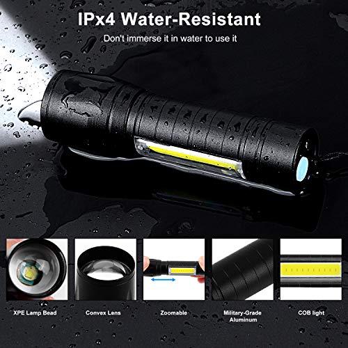 LED Flashlight USB Rechargeable (18650 Battery Built-in), CoaTaco Super Bright Mini Torch Compact Size Small Travel Camping Emergency Light with Cob Sidelight,3 Modes Zoomable Water-Resistant (2 Pack)