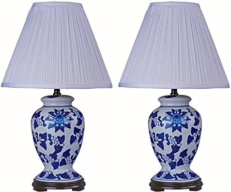 Park Madison Lighting PMT-2114 Ginger Jar Table Lamp Set with Blue Delf-Like Finish and Wood Base (2 Piece)