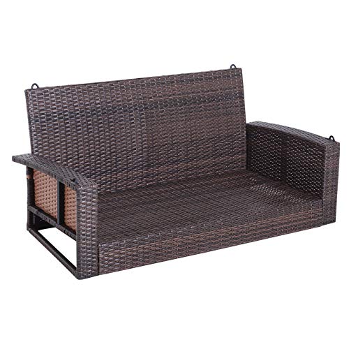 AyaMastro Brown Loveseat Rattan Wicker Hanging Chair Patio 2-Person Porch Swing Bench Cushion Seat with Ebook