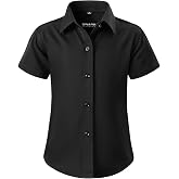 Spring&amp;Gege Girls Short Sleeve Dress Shirt Kids Stretch Wrinkle-Free Button Down Shirt School Uniform Blouse (5-14 Years)