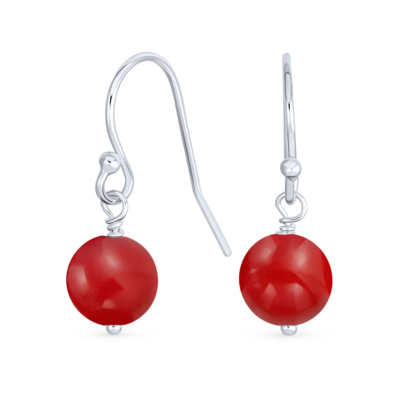 Simple Plain Gemstone Dyed Red Natural Coral Ball Round Drop Dangle Earrings For Women Teen.925 Sterling Silver