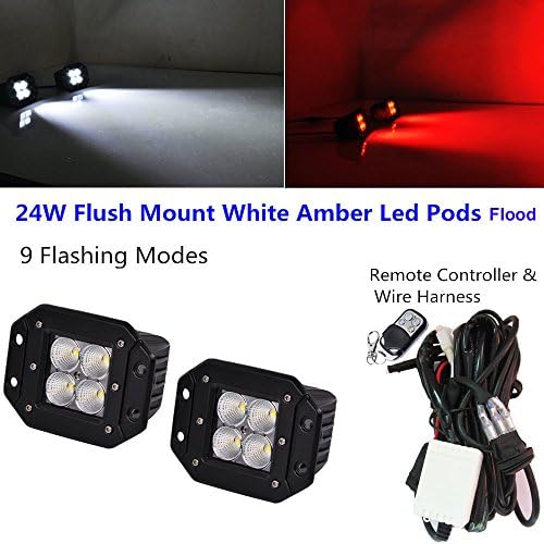 IOV LIGHT 2pcs 24w Flush Mount Flood Led Pods White Red Color Changing Led Fog Lamps 9 Different Flashing Modes Led Driving Fog Light for Truck Free Wire Harness(Pack of 2)