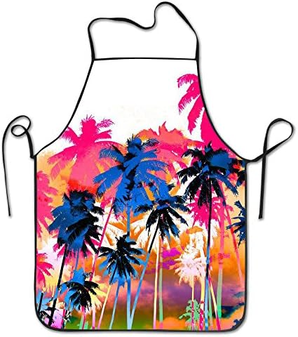 OOOMOLI Cool Apron Colorful Palm Tree Canvas Professional Bib Apron For Women Men Adults Waterproof Natural