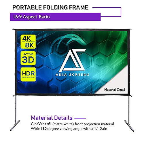 Akia Screens 120â€ Indoor Outdoor Portable Projector Screen with Stand 16:9 8K 4K Ultra HD 3D Ready Movie Theater Home Theater Adjustable Height Foldaway Easy Snap Aluminum Projection Screen AK-OS120H1