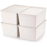 Menkxi 4 Pcs Storage Bins with Lids, Beige, Small | Plastic Stackable Organizing Containers, Heavy Duty Storage Boxes for Classroom Room Shelves, Christmas Ornaments Baskets