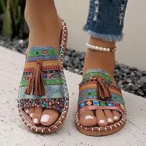 Women’s Bohemian Flat Slide Sandals Colorful Ethnic Print Tassel Decor Open Toe Slip-On Design Lightweight Flexible Sole