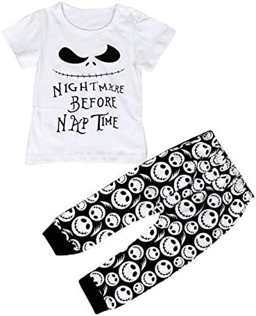 2pcs Outfit Buedvo Baby Boys Girls Nightmare Before Nap Time Print Tops+Skull Pants (0-9Months, White)