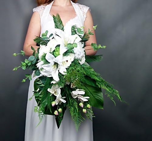 White Cascading Wedding Bouquet Lily Orchid Tropical Greenery