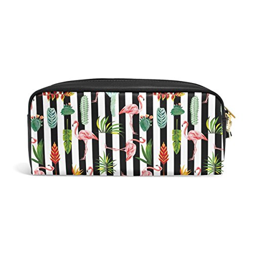 Naanle Tropical Flamingo Green Leaves Flowers Cactus Stripe PU Leather Zipped Makeup Jewellery Bag for Woman Girl Travel Holder Phones Electronics Storage Nail Polish Organizer (Multi#14)